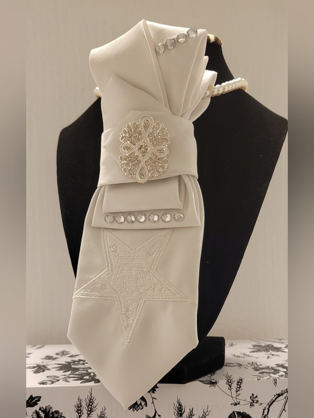 Ivory Embellished Statement Tie with Rhinestone Brooch